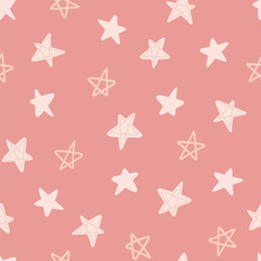 Fototapeta premium Cute hand drawn five-pointed stars forming a minimalist holiday design in colors of off white and peach. Christmas icons seamless vector pattern. Great for home decor, fabric, wallpaper, gift wrap.