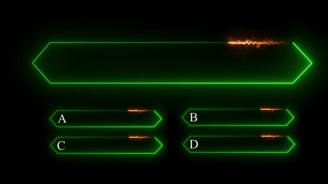 Green neon glowing quiz template with a large hexagonal frame and four smaller answer boxes labeled abc and d against a solid black background