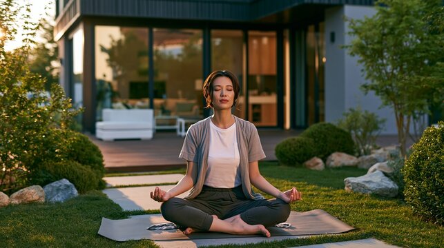 芝生の上で瞑想し心を整える日本人女性の風景
