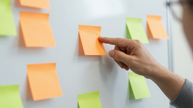 A close-up of a hand placing an orange sticky note on a white dry-erase board alongside other colorful notes, representing project management and workflow organization.