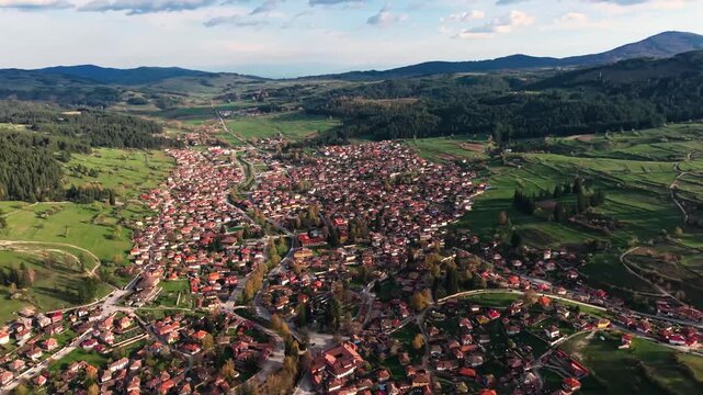 Aerial panoramic view of Koprivshtitsa historic town in the Sredna Gora Mountains, Bulgaria