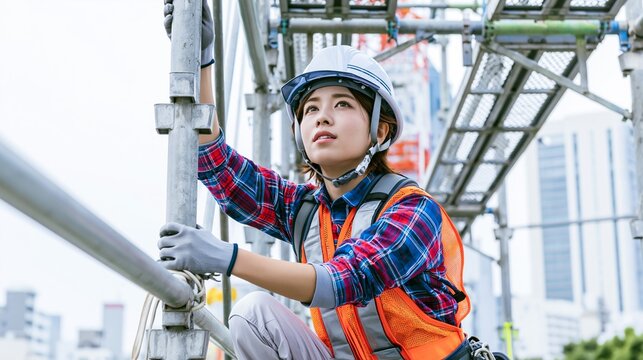資材を背景に凛とした表情を見せる日本人女性エンジニア