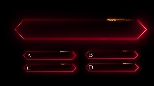Red neon glowing quiz template with a large hexagonal frame and four smaller answer boxes labeled abc and d against a solid black background