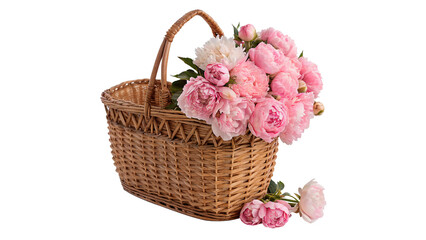 Wicker basket filled with beautiful pink peonies isolated on transparent background © Hanna