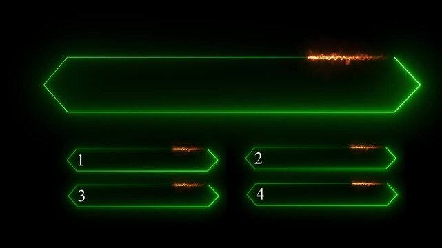 Green neon glowing quiz template with a large hexagonal frame and four smaller answer boxes labeled 123 and 4 against a solid black background