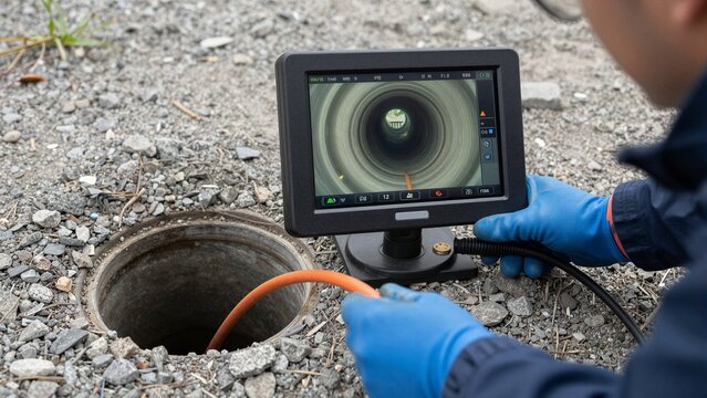 A close-up view of a technician using an inspection camera to examine the interior of an open manhole, with the monitor displaying the live feed.