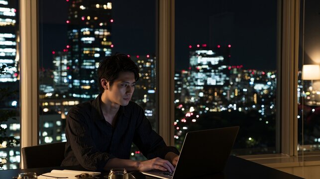 夜のオフィスで都会の夜景を背に仕事をする日本人男性