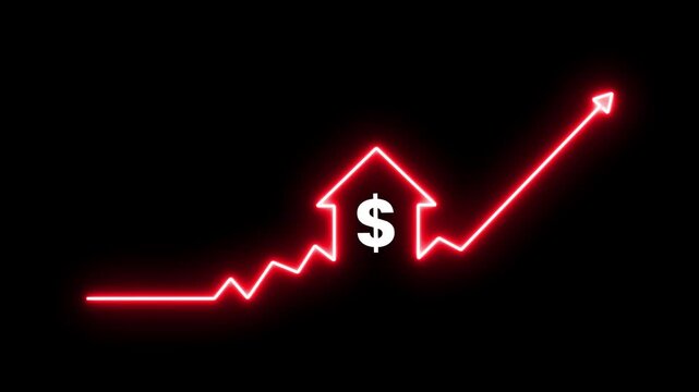 Home icon house sign neon lights animation with up arrow Dollar increase. Neon home business graph icon animation. house outline property investment animation shows profit growth.