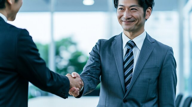 ビジネスシーンで固い握手を交わす日本人の男性二人