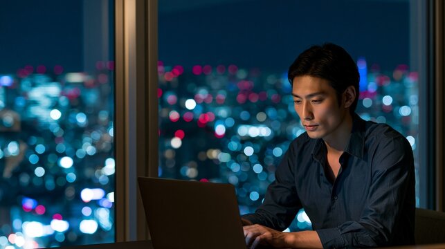 高層ビルの窓際で夜遅くまでパソコンに向かうビジネスマン