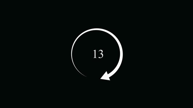 White circular loading progress indicator with a rotating arrow and the number seven in the center isolated on a solid black background