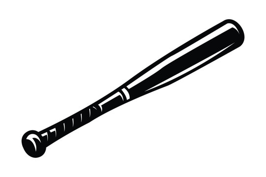 A detailed black and white illustration of a classic wooden baseball bat isolated on a white background