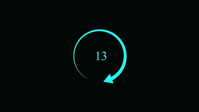 Cyan circular loading progress indicator with a rotating arrow and the number seven in the center isolated on a solid black background
