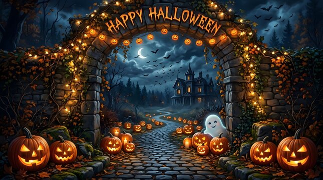 Spooky happy halloween background featuring a glowing pumpkin archway with a haunted house and full moon at night
