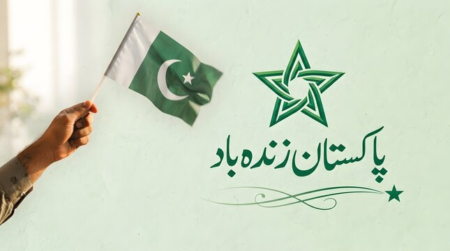 Hand Holding Pakistan Flag with Pakistan Zindabad Urdu Calligraphy on Light Green Background