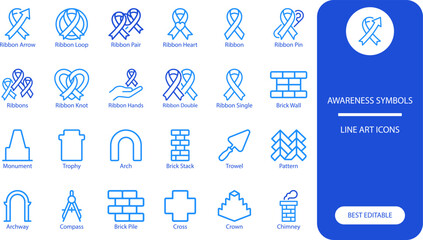 Fototapeta premium Awareness symbols icon set. Bold glyph collection of ribbon, hand, cross and brick wall for health and social campaigns