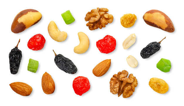 Set of dried fruits and nuts isolated on a white. Top view