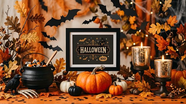Festive happy halloween background with pumpkins candles and autumn decorations for a spooky holiday celebration