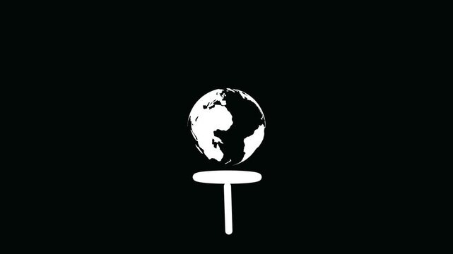 A white silhouette of a globe resting on a simple stand isolated on a black background representing global communication and international connection