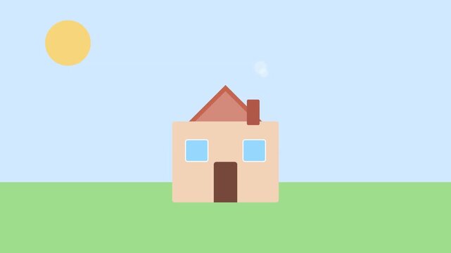 Animated cartoon house scrolling across green grass landscape