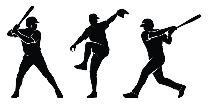 Set of black silhouettes showing baseball players in different action poses including batting and pitching on white background
