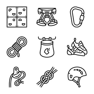Black line icons set for rock climbing and mountaineering equipment.
