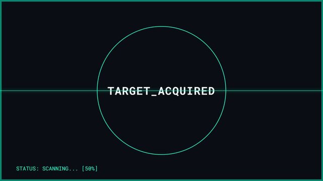 Dynamic digital interface scanning animation with pulsating target acquisition circle and progress bar, symbolizing data processing, system analysis, and successful mission completion