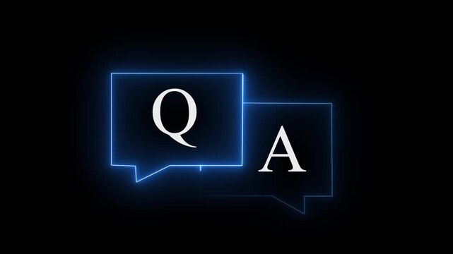 Two overlapping speech bubbles with glowing blue neon outlines containing the letters q and a on a solid black background for frequently asked questions