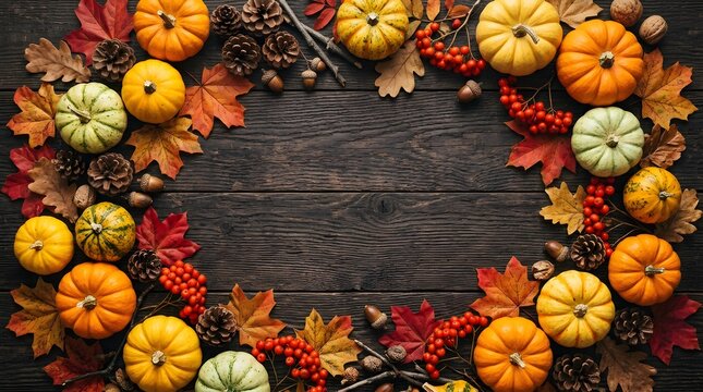 Happy halloween background with a festive wreath of pumpkins and colorful autumn leaves on rustic dark wood