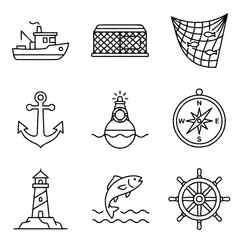 Fototapeta premium Nautical and maritime fishing icon set in line art style.