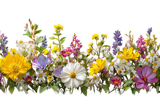 Summer floral border isolated on transparent background, colorful seasonal flower arrangement PNG cutout
