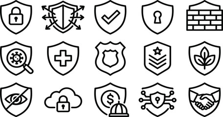 Fototapeta premium Set of fifteen thin line vector icons representing various security concepts and protective shield symbols for digital interfaces
