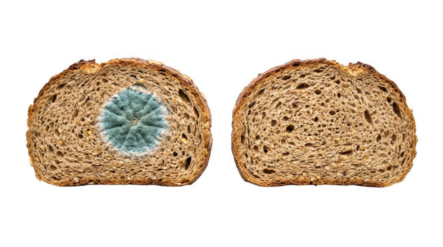 Two slices of brown bread with blue mold isolated on transparent background