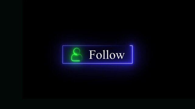 Glowing blue neon rectangular button with a green user and the word follow written in white text isolated on a solid black background