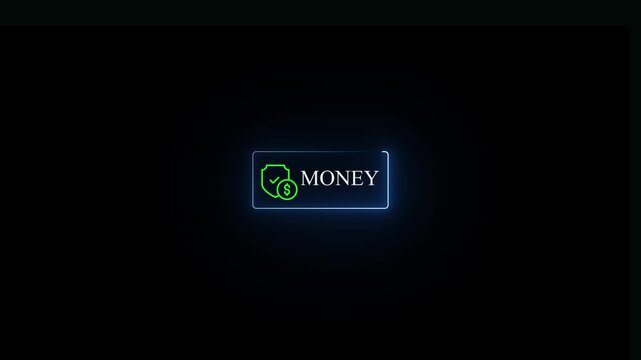 Glowing blue neon rectangular button with a green shield and dollar sign and the word money written in white text on a black background