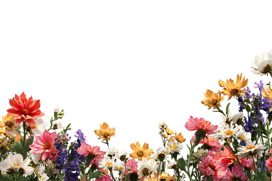 Summer floral border isolated on transparent background, colorful seasonal flower arrangement PNG cutout