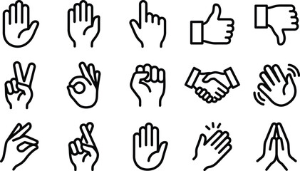 Set of black and white hand gesture icons representing various human communication signs and common nonverbal body language © sharmin