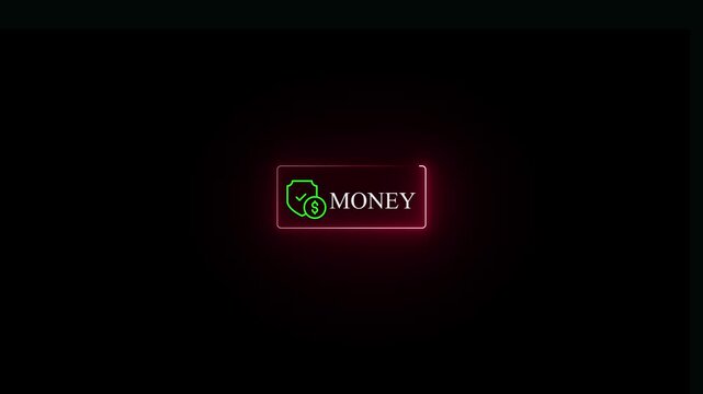 Glowing red neon rectangular button with a green shield and dollar sign and the word money written in white text on a black background