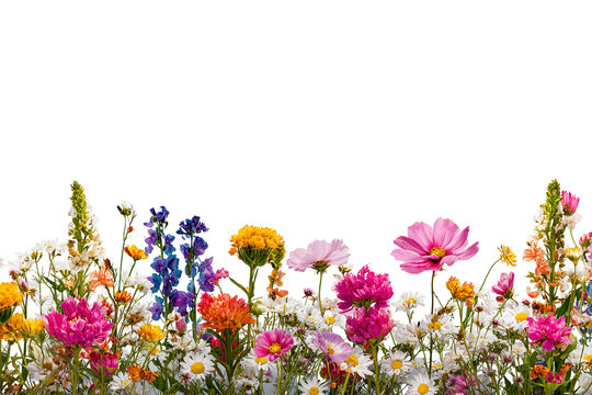 Summer floral border isolated on transparent background, colorful seasonal flower arrangement PNG cutout