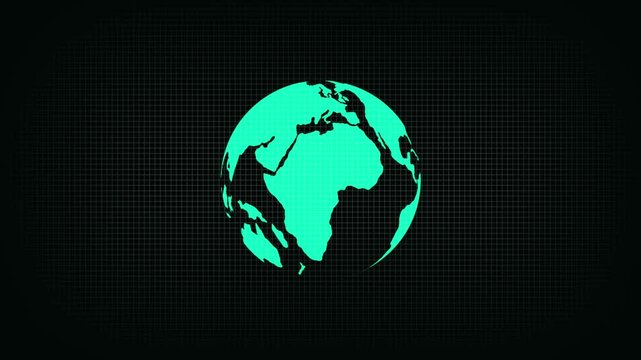 Cyan colored silhouette of the planet earth globe centered on a dark black background with a subtle grid pattern overlay representing global data