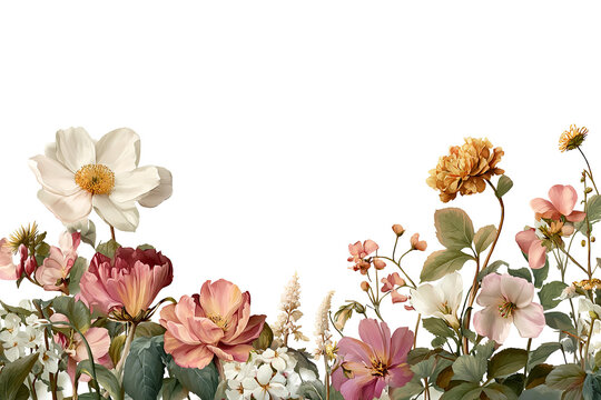 Summer floral border isolated on transparent background, colorful seasonal flower arrangement PNG cutout