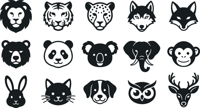 Set of fifteen hand drawn animal head icons featuring various wild and domestic creatures in a simple black style