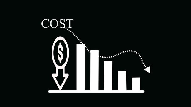 White line of a dollar sign inside a circle with a downward arrow next to a bar chart showing a decreasing trend on a black background