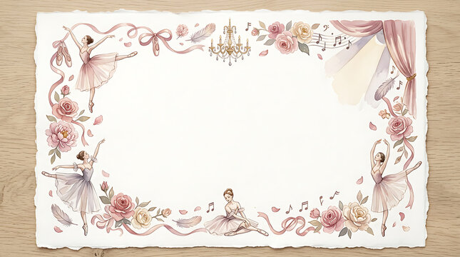 Watercolor ballet dancer floral border illustration