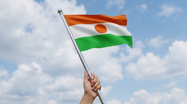 Low angle view of hand holding the national flag of Niger against blue cloudy sky