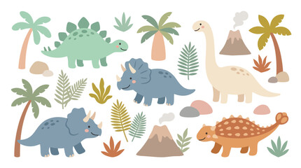 Prehistoric landscape scene with diverse dinosaur species. © Leo