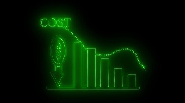 Glowing green neon line showing a downward trend bar chart with a dollar coin symbol and a downward pointing arrow on a black background