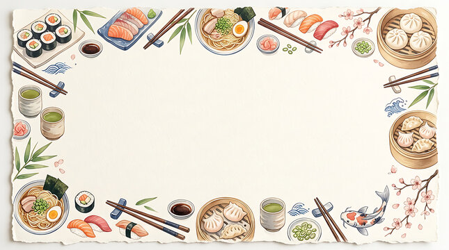 Asian cuisine decorative border with sushi and noodles