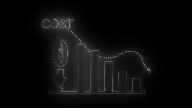 White neon line showing a downward trend bar chart with a dollar coin symbol and a downward pointing arrow on a black background