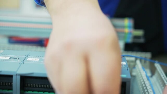 Close Up of Electrician Hands Organizing and Tying Cables